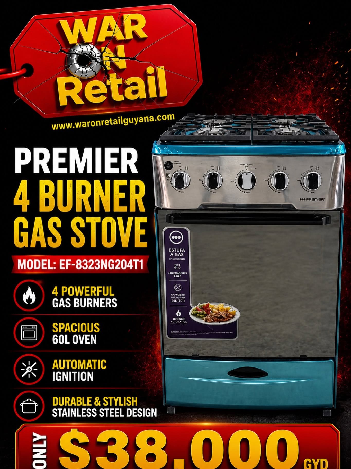 Premier 4 Burner Gas Stove — Model EF-8323NG204T1