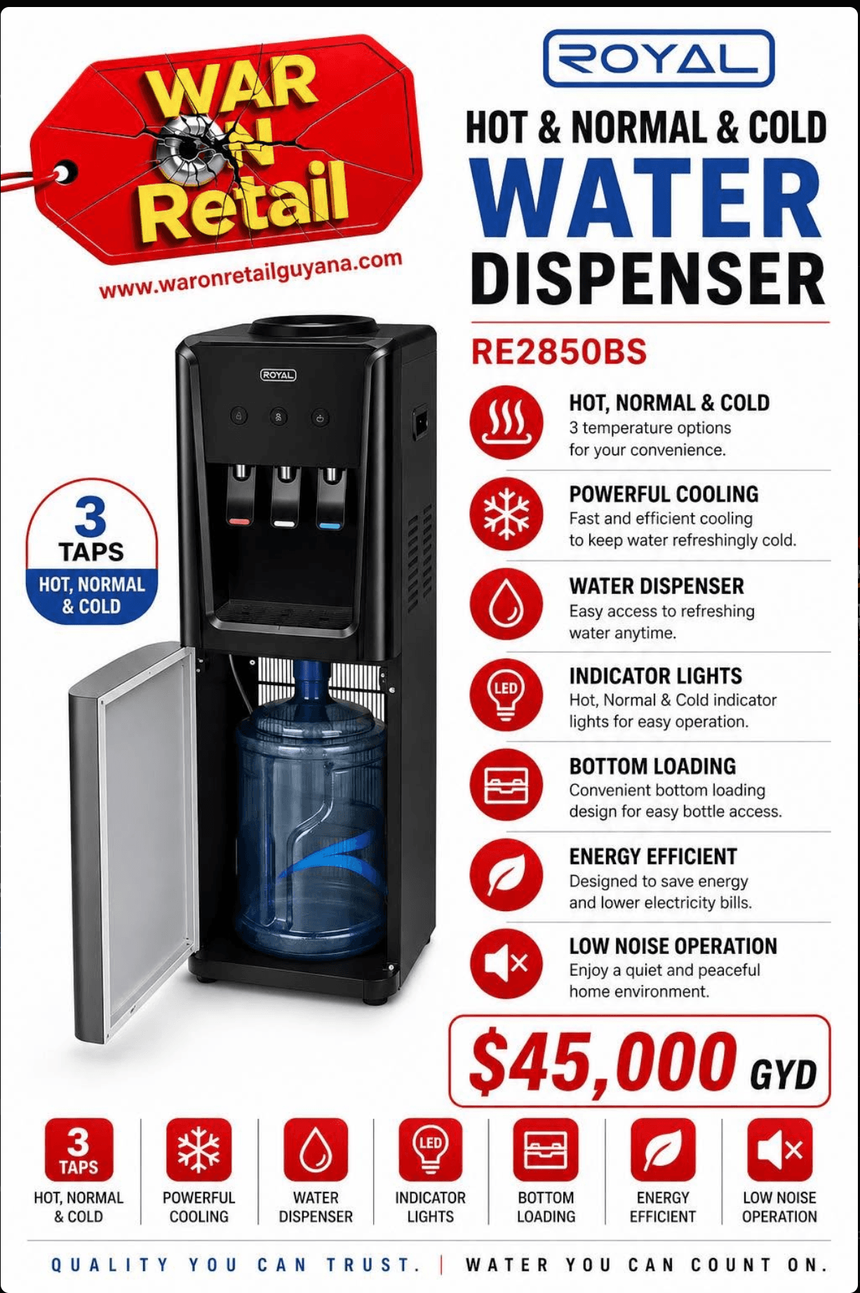 Royal Hot & Normal & Cold Water Dispenser — Model RE2850BS