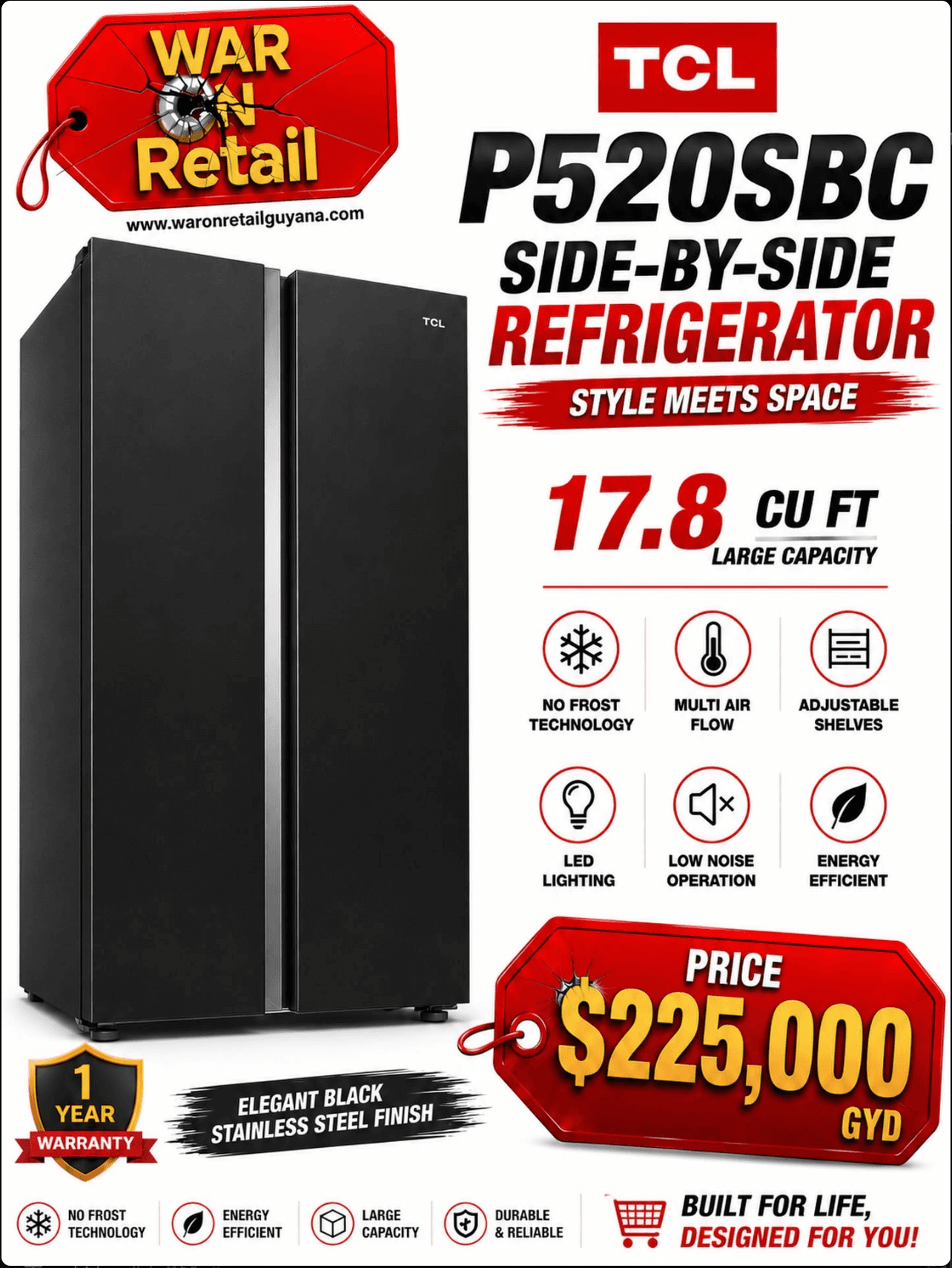 TCL P520SBC Side-by-Side Refrigerator — image 1