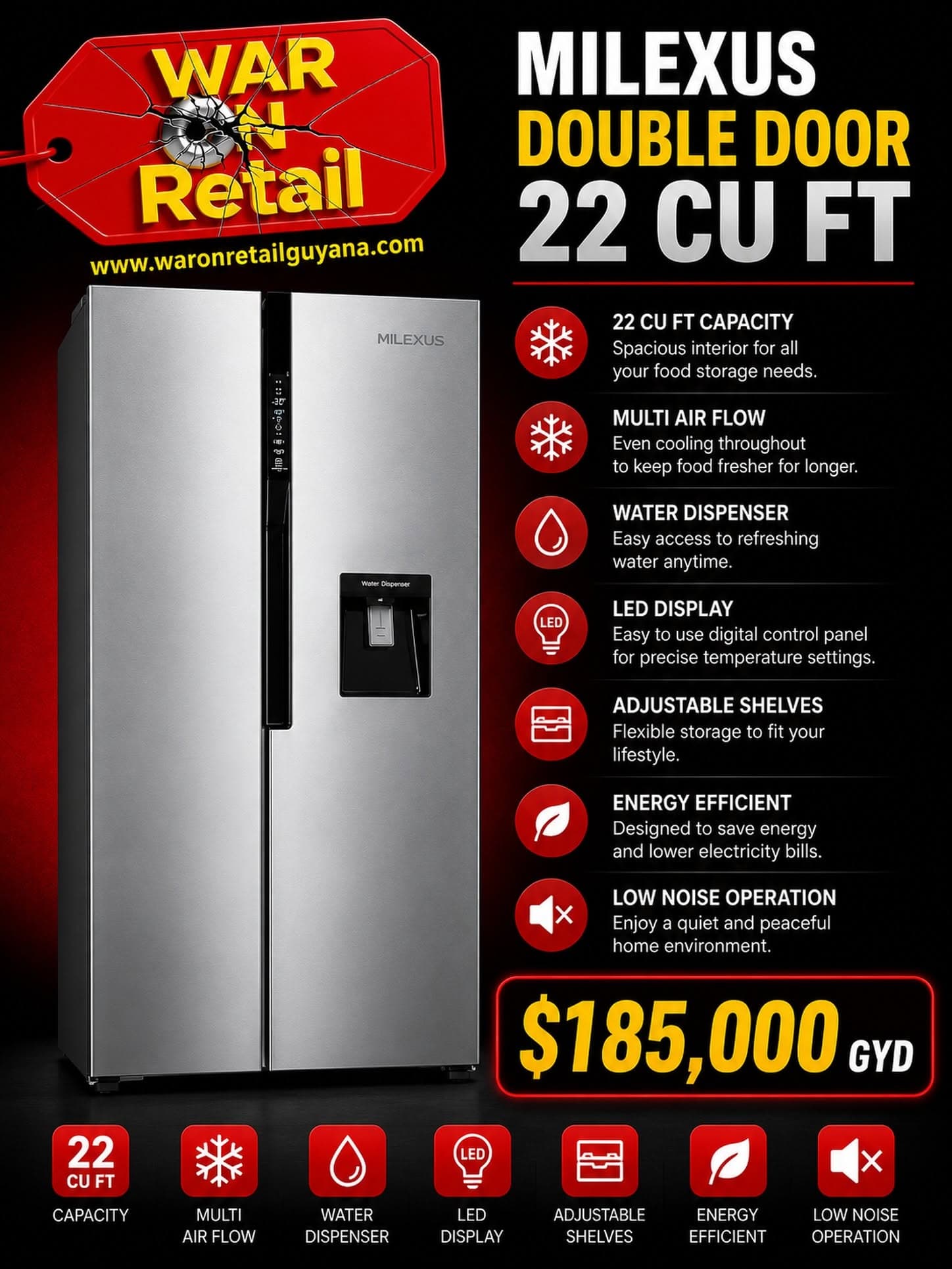 Milexus Double Door Refrigerator — 22 cu ft