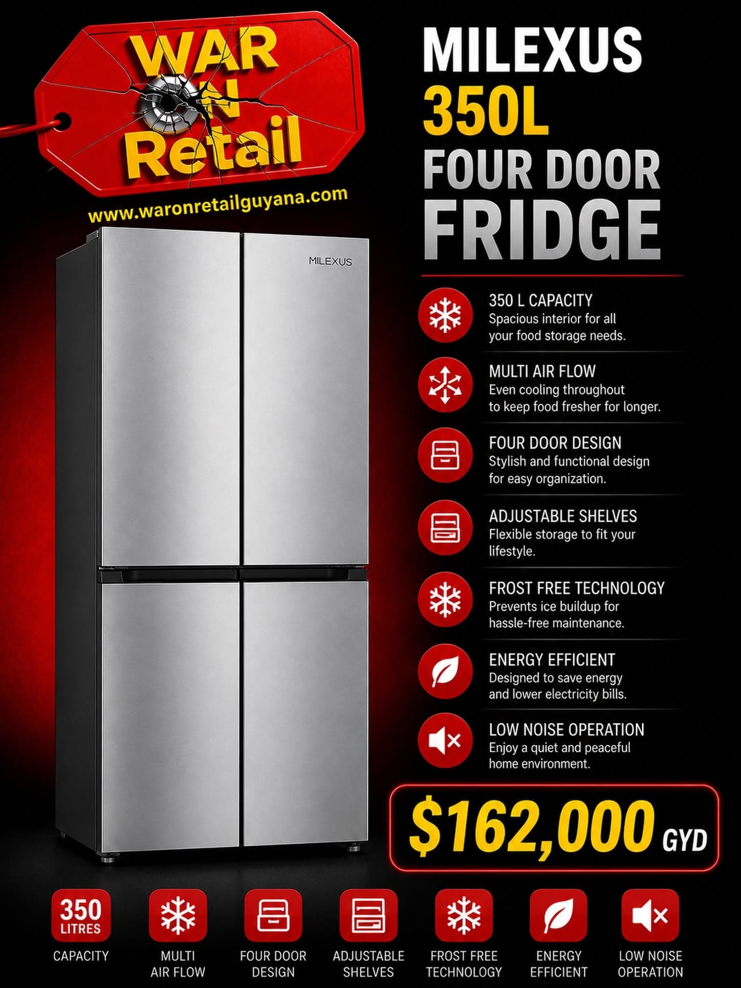 Milexus 350L Four Door Fridge