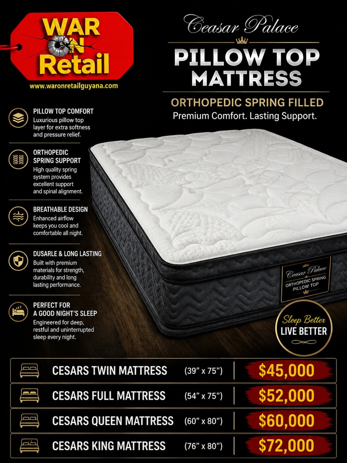 Ceasar Palace Pillow Top Mattress — Orthopedic Spring Filled King