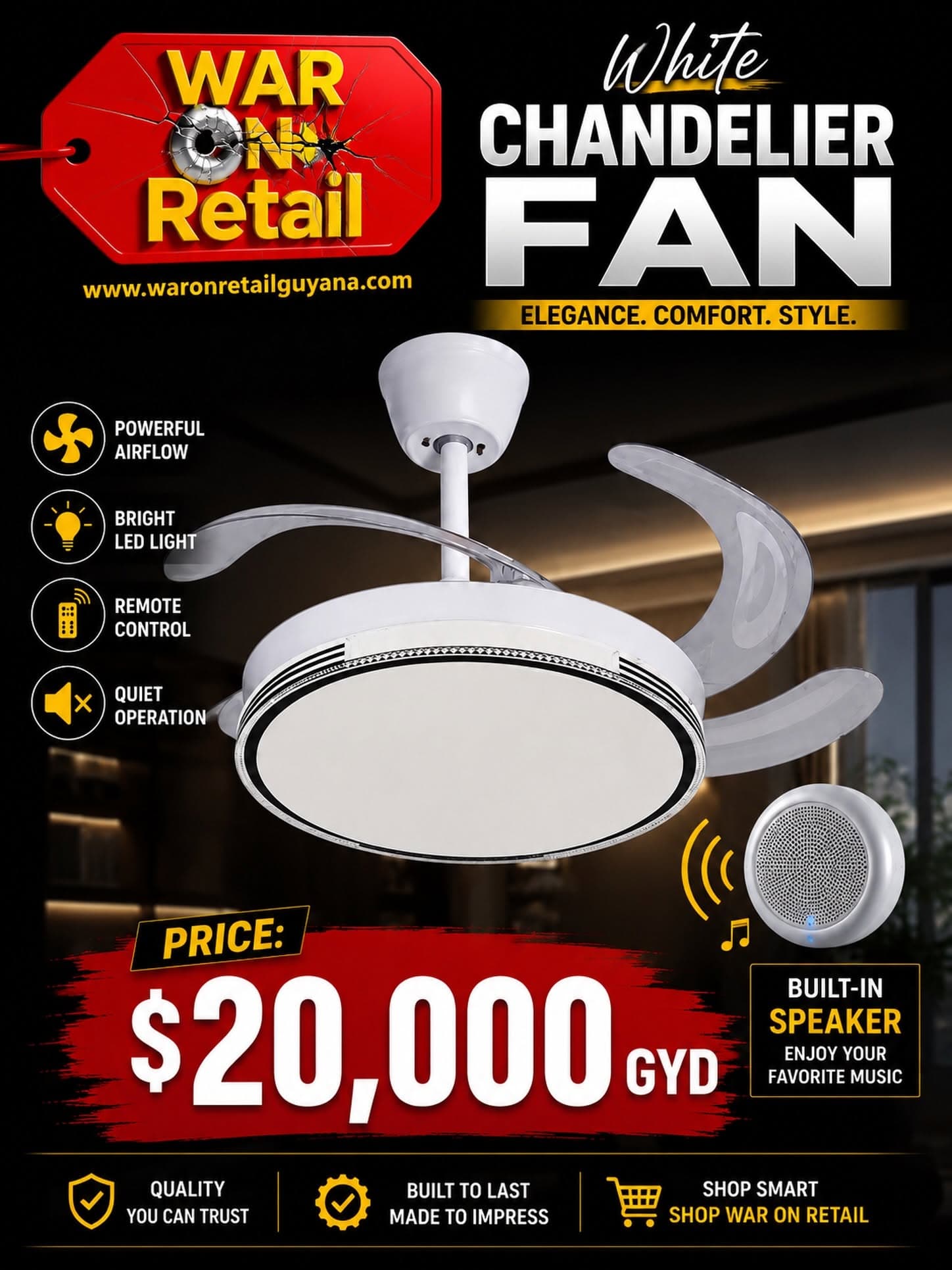 White Chandelier Ceiling Fan with LED Light & Speaker — image 1