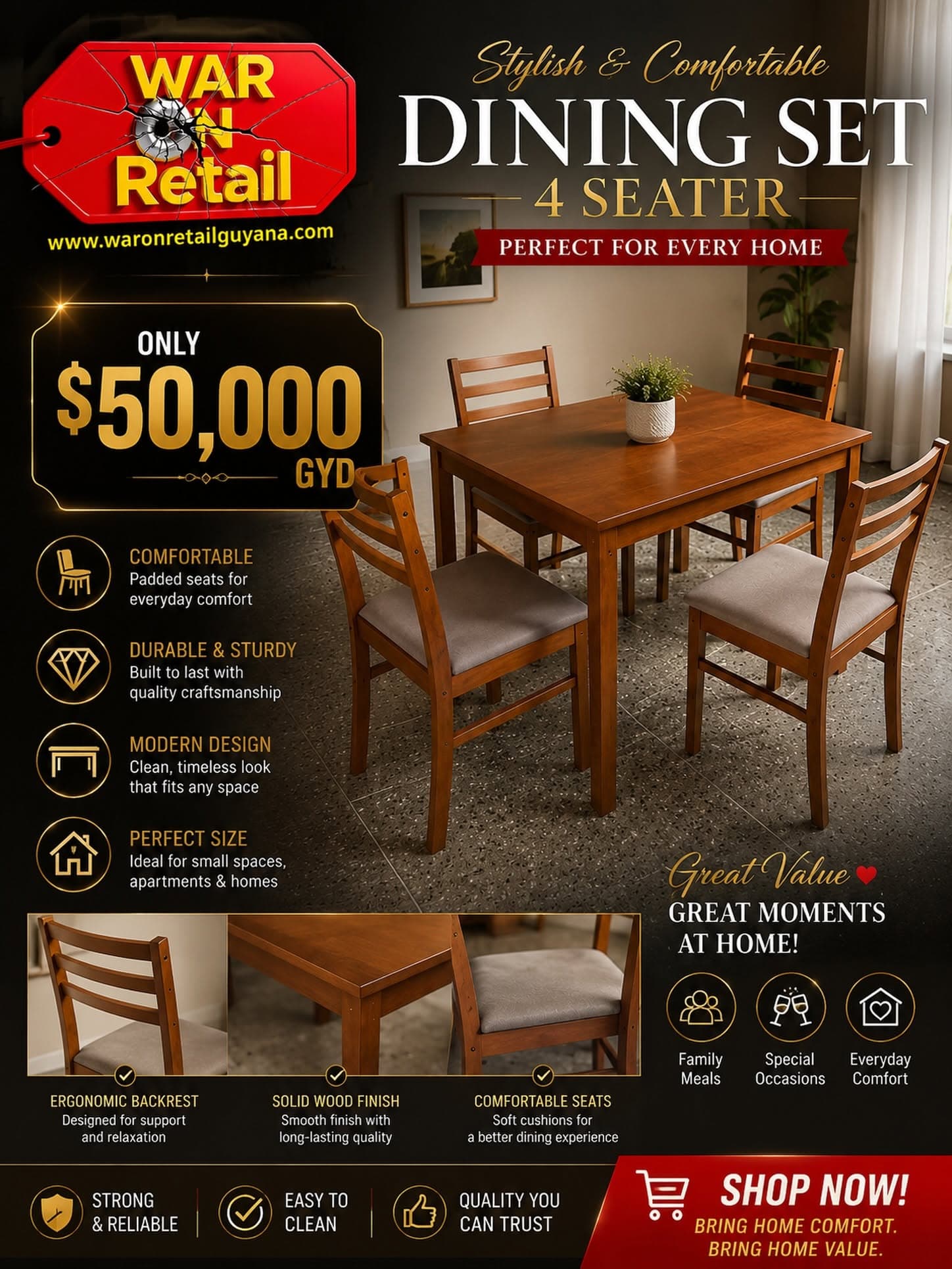 4 Seater Dining Set – Solid Wood Table & Padded Chairs — image 1