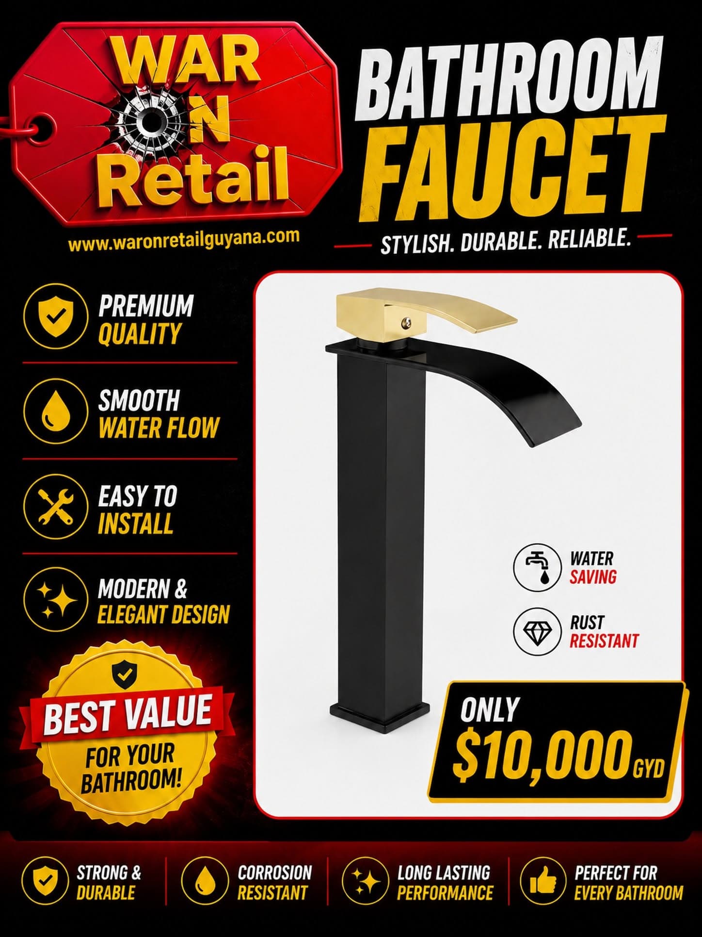Bathroom Faucet – Black & Gold Waterfall Design