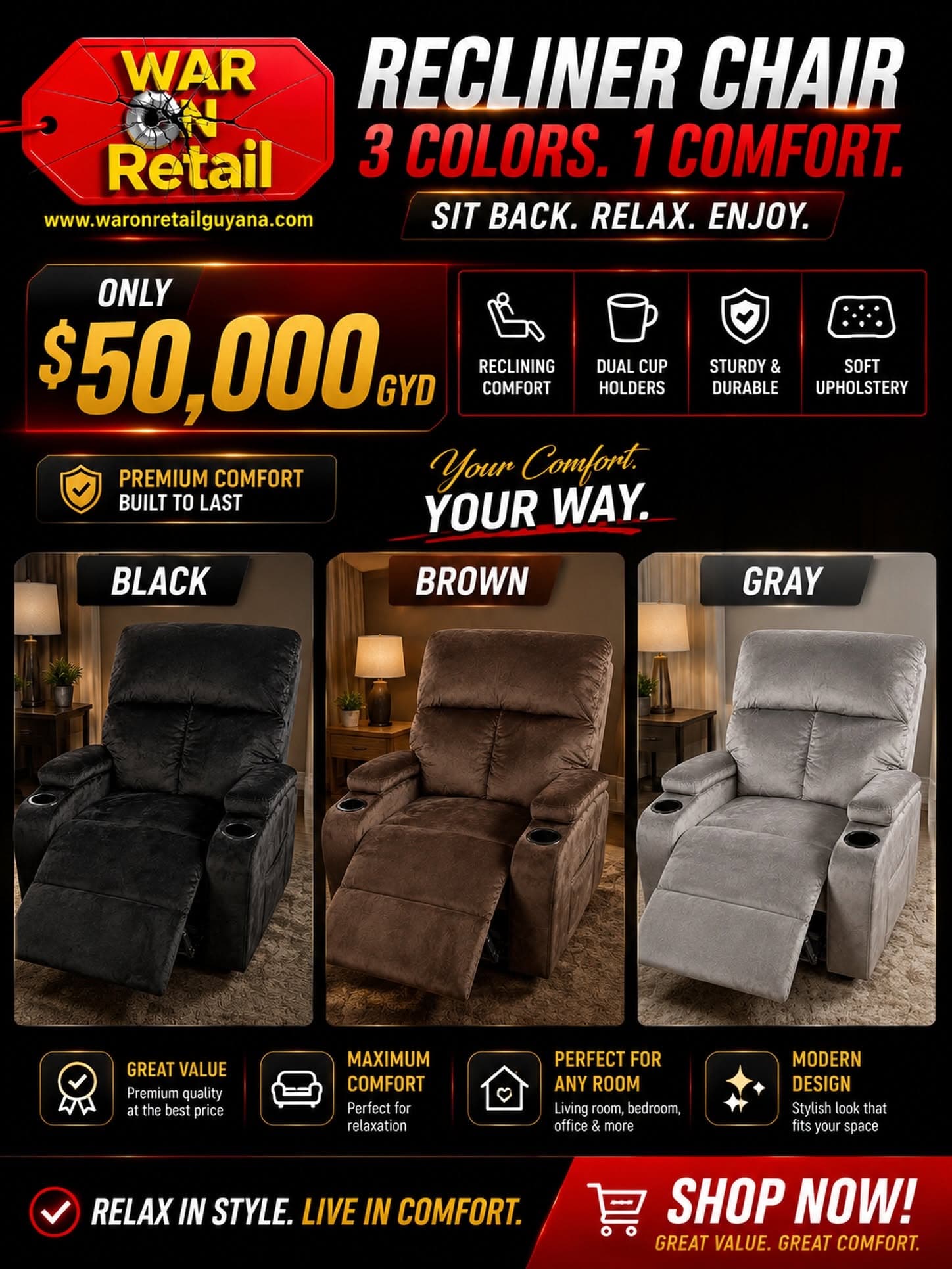 Recliner Chair with Cup Holders – Black, Brown or Gray
