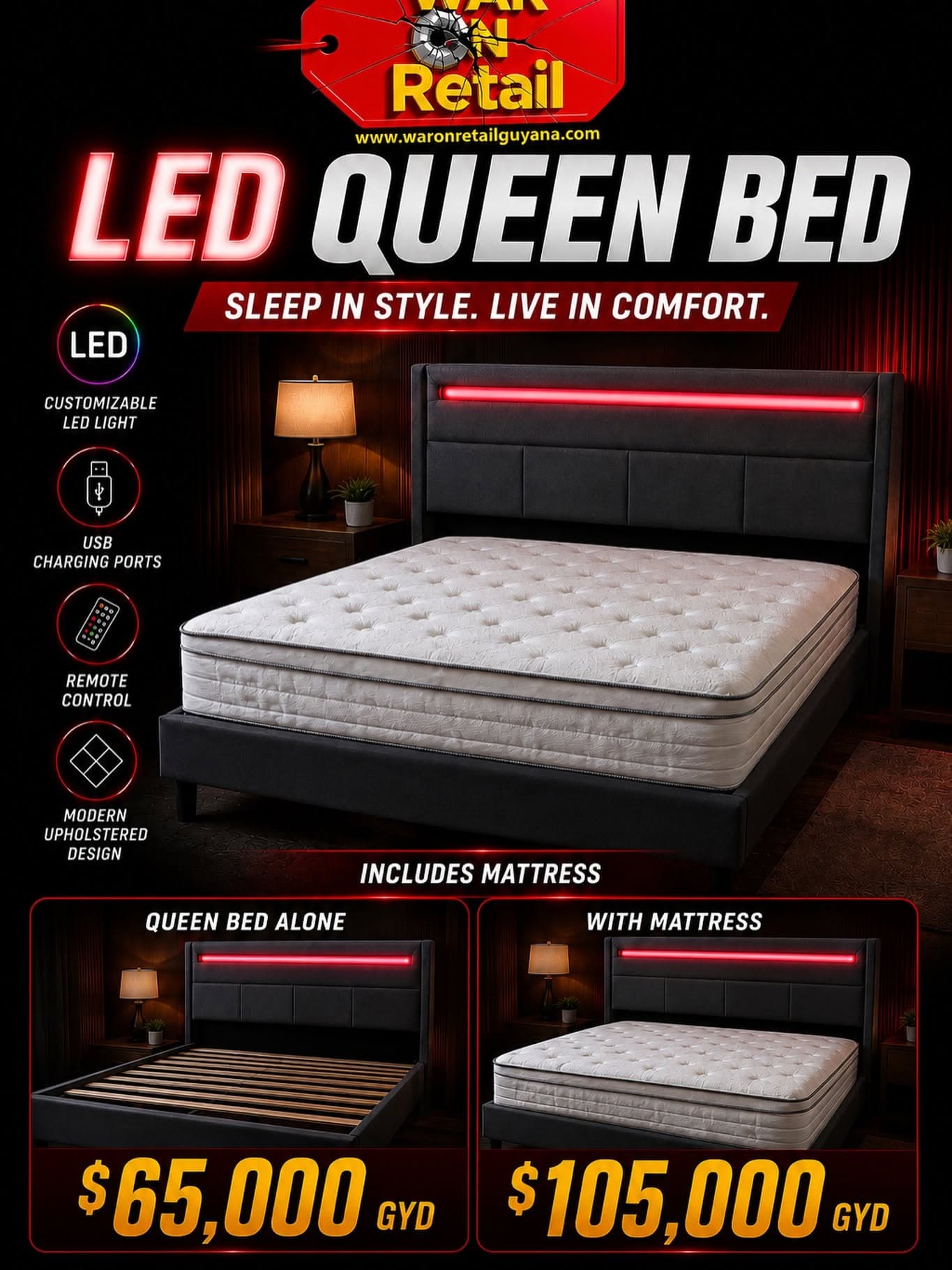 LED Queen Bed with USB Charging Ports – Frame or with Mattress — image 1
