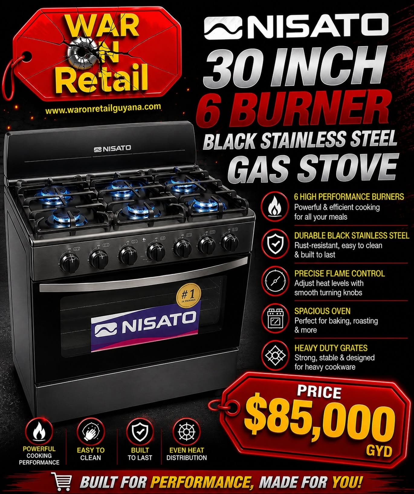 Nisato 30 Inch 6 Burner Black Stainless Steel Gas Stove — image 1