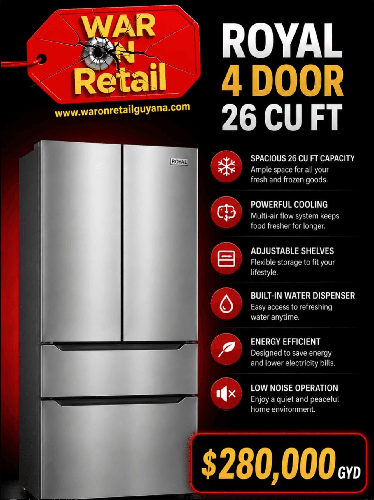 Royal 4 Door Refrigerator — 26 cu ft