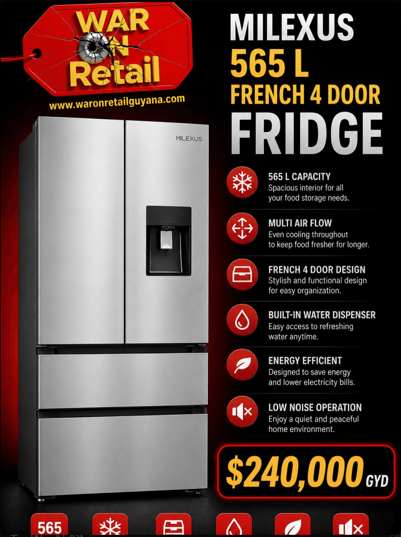 Milexus 565 L French 4 Door Fridge