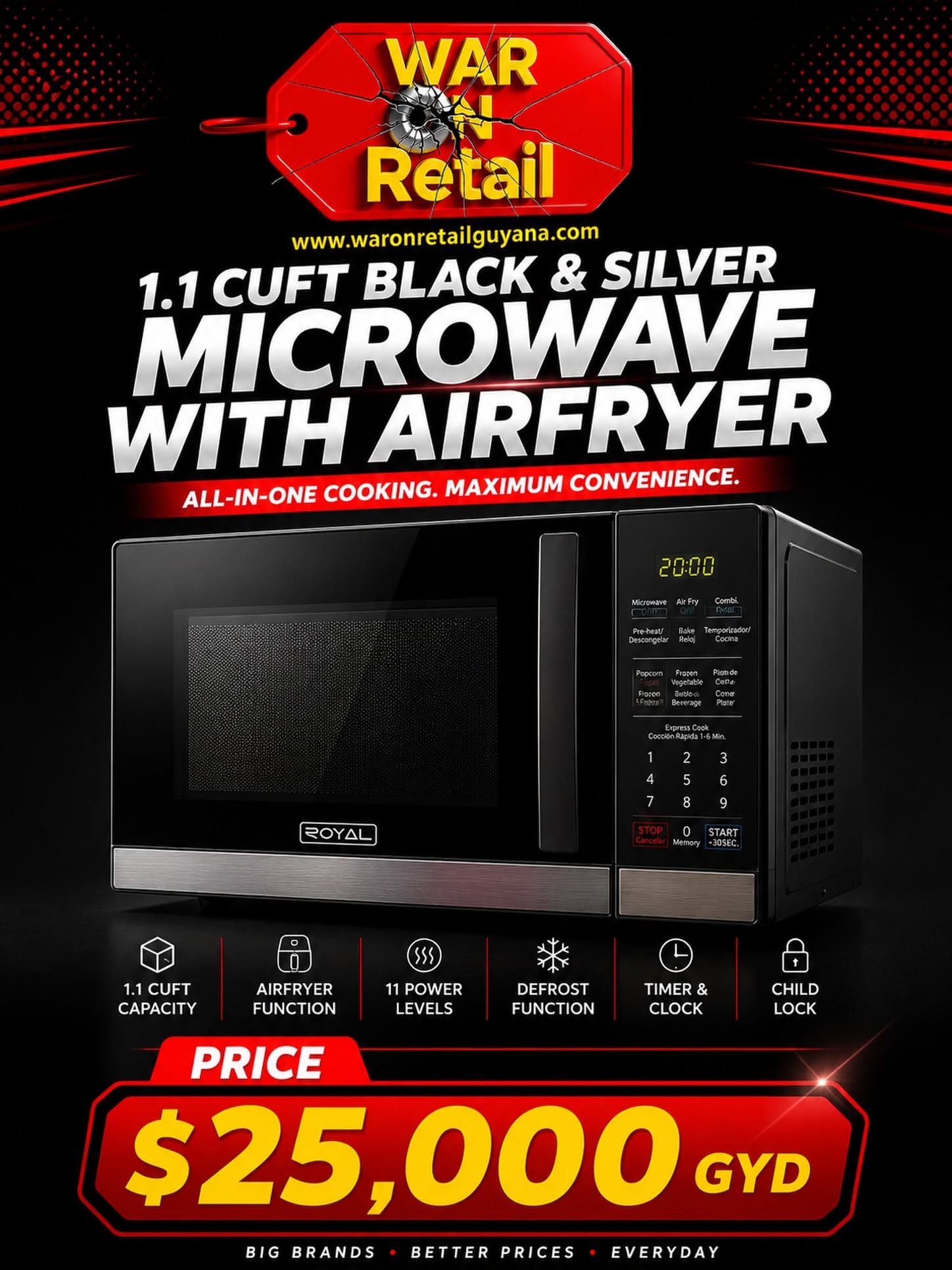 Royal 1.1 CuFt Black & Silver Microwave with Airfryer