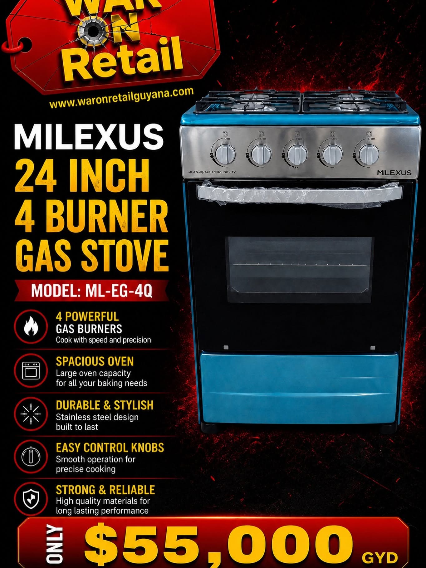 Milexus 24 Inch 4 Burner Gas Stove — Model ML-EG-4Q